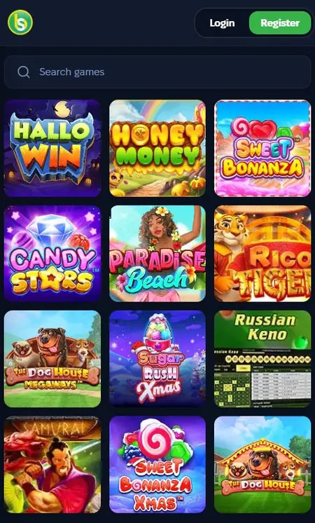 Spurbets slots lobby on a phone with Sweet Bonanza, Honey Money, Candy Stars and Rico Tiger